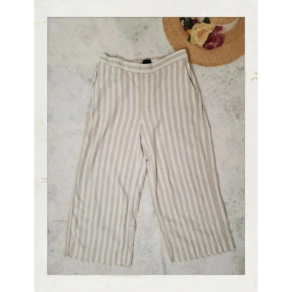 Banana Republic | Beige Stripe Wide Leg Elastic Flowy Crop Linen Beach Pants